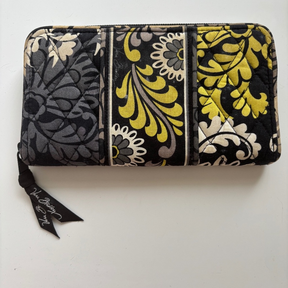 Vera Bradley Modern Floral Zip-Around Wallet – Black, White & Yellow Contrast